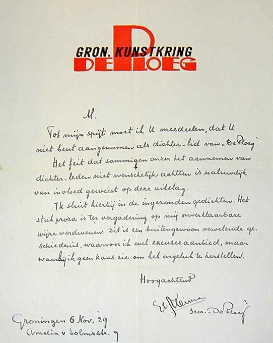 Brief van Ekke Kleima namens 'de Ploeg' aan Halbo C. Kool. 6 november 1929