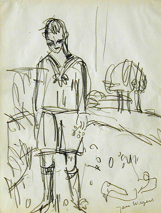 Jongen in matrozenpak met bloemetjes in de hand