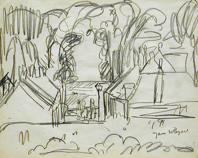 Huizengroep voor een bomenpartij en drie figuren