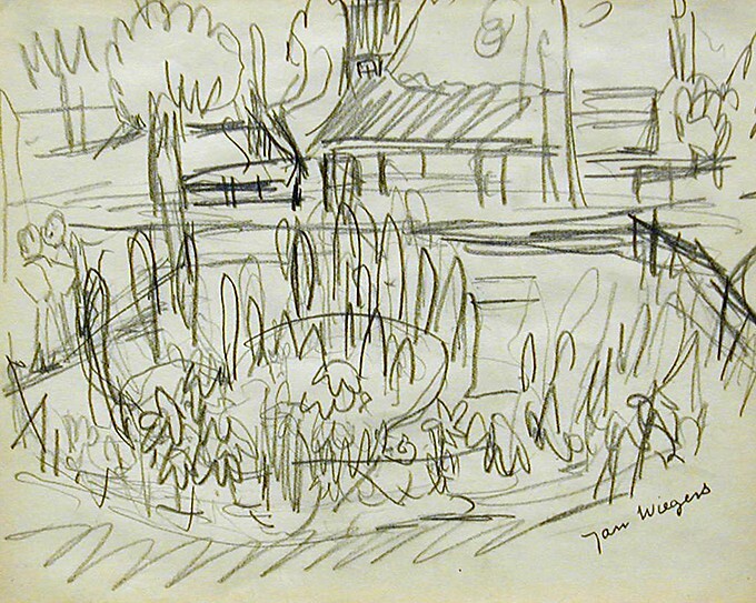 Vijver met begroeiing voor een gebouw