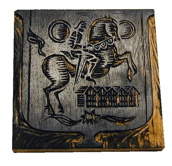 Ridder op paard, zon, maan, huizen