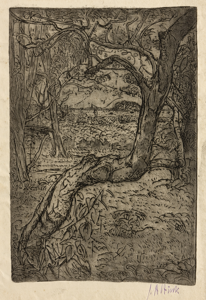 Landschap met op voorgrond een boom