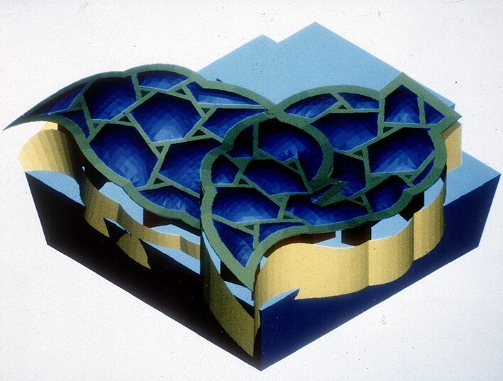 Ontwerp Stella paviljoen, Groninger Museum: N-E view - isometric - roof beams + partitions + walls + museum