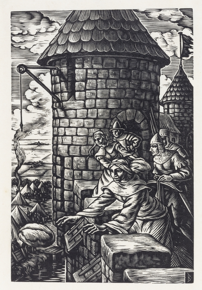 De maagden werpen de laatste brooden naar den vijand