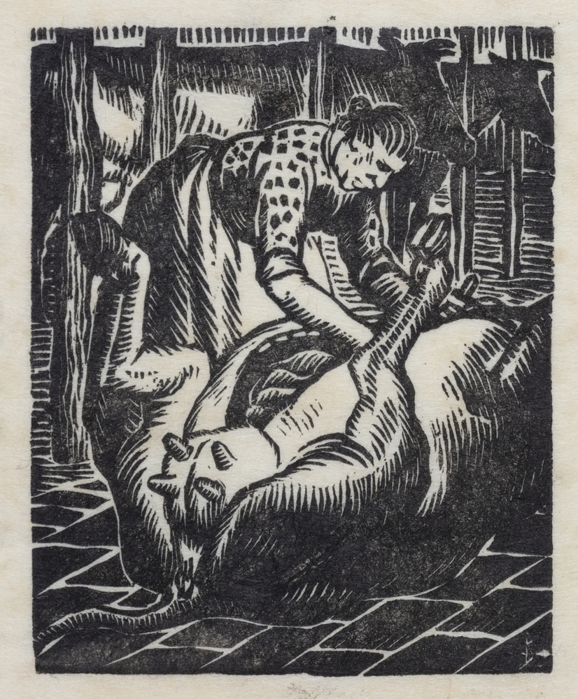 De boerin neemt long en lever uit de koe