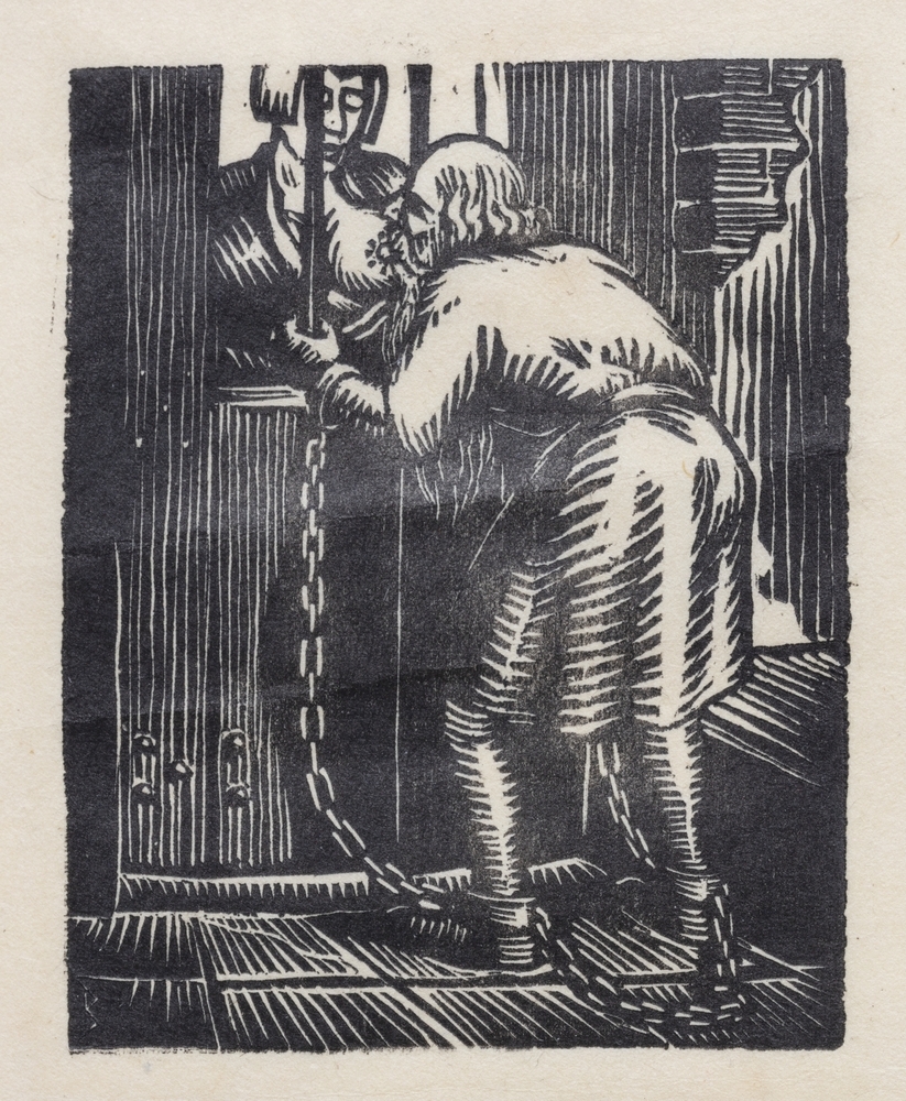 Zij had hem de borst gereikt door de tralies heen