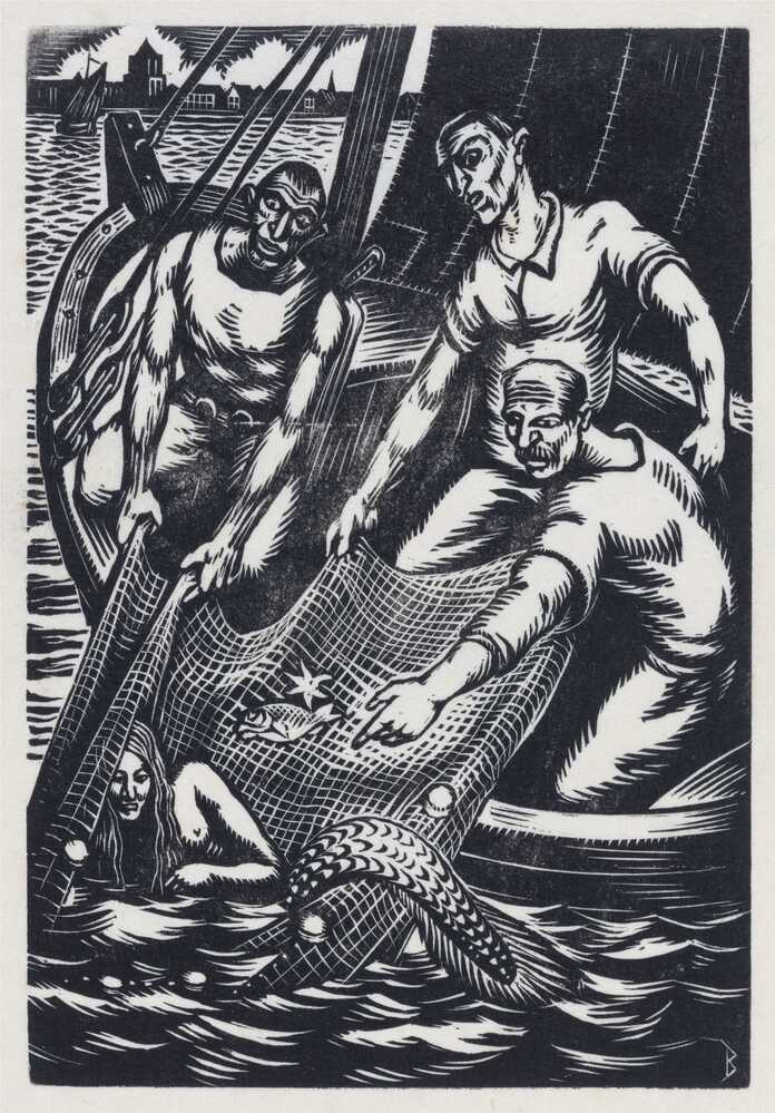 De visschers halen de meermin in hun net op