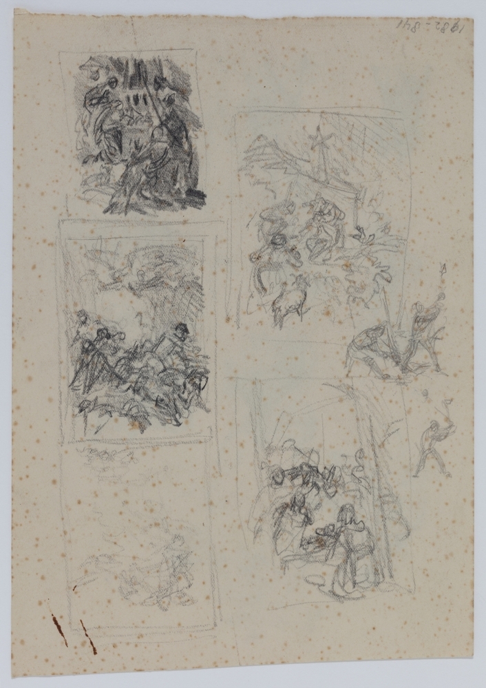 Studieblad Kersttaferelen (Aanbidding in de stal, De engel verschijnt aan de herders), St. Sebastiaan, Jacobs worsteling met de engel, St. Joris en de draak