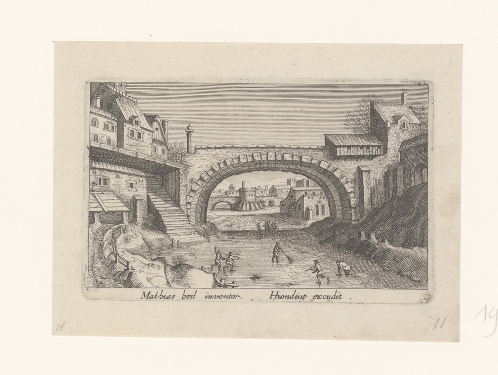 Schaatsen onder de brug (serie Topographia Variarum Regionum)