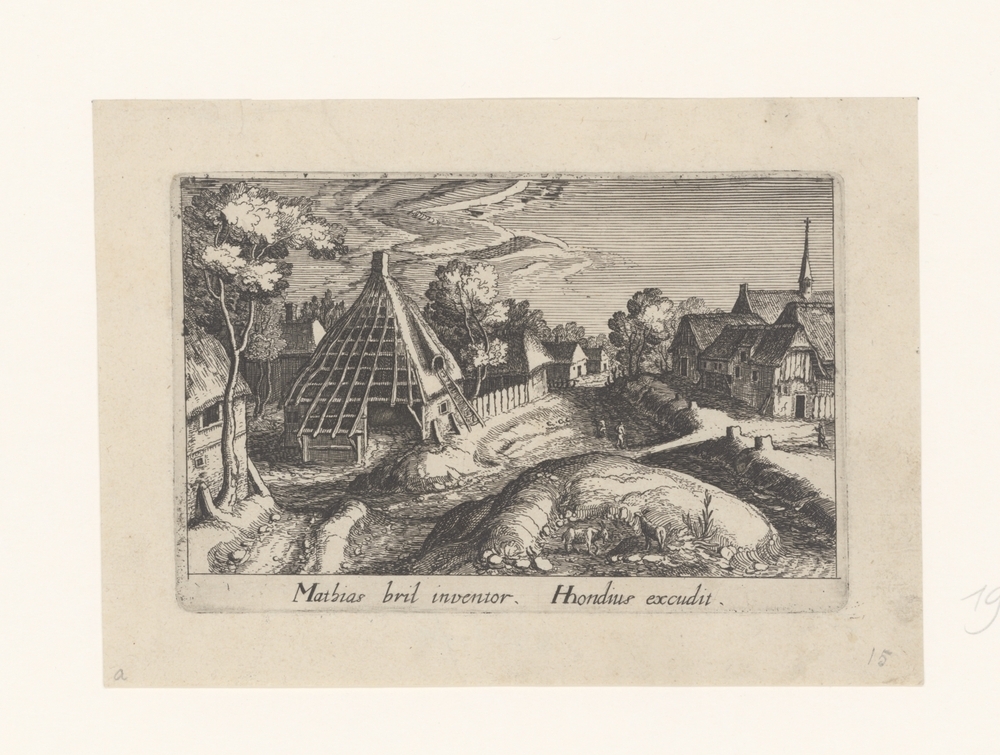 Dorpsgezicht met een boerderij met half afgewerkt dak (serie
Topographia Variarum Regionum)