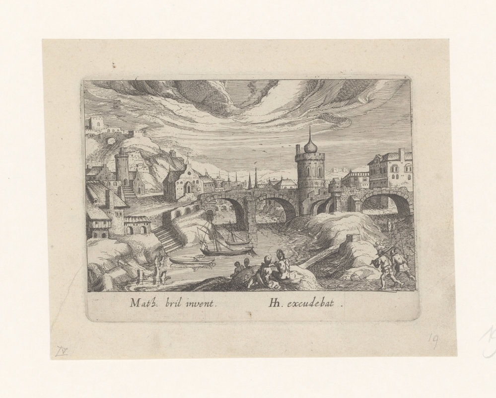 Stadsgezicht met brug en toren (serie Topographia Variarum Regionum)