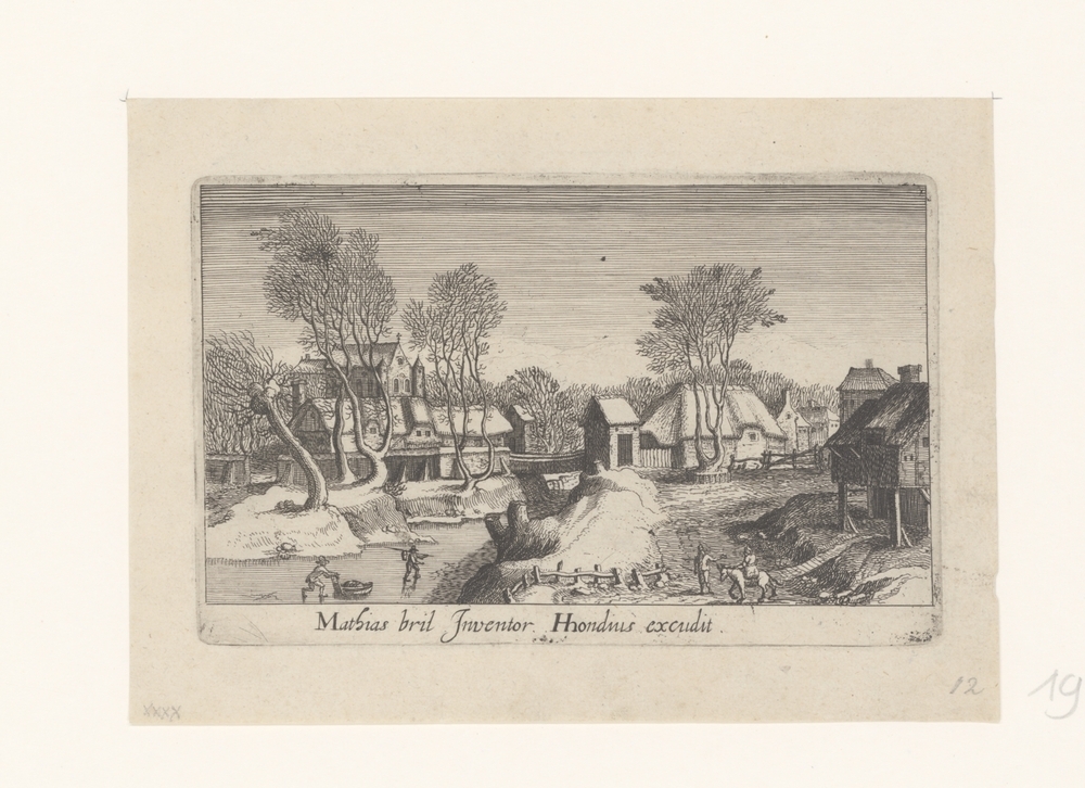 Dorpsgezicht met twee schaatsers (serie Topographia Variarum Regionum)