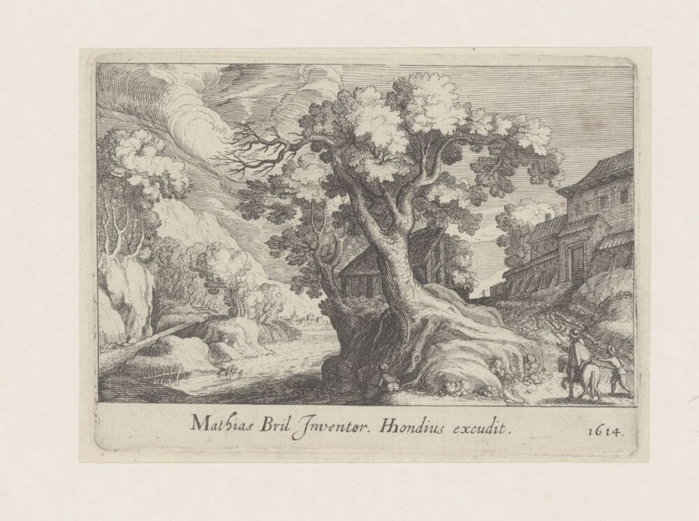 Landschap met een grote boom in het midden, rechts huizen (serie Topographia Variarum Regionum)