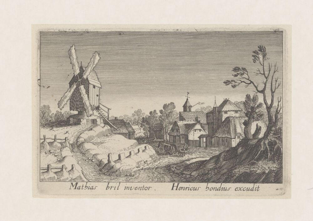 Landschap met molen en huizen