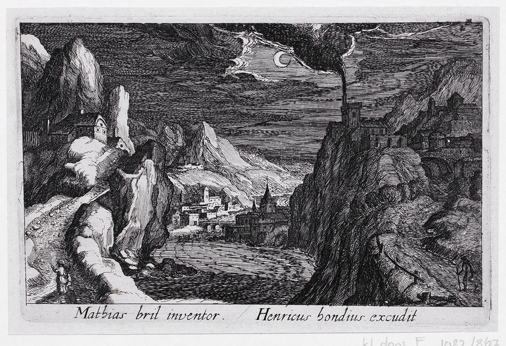 Heuvellandschap met rivier bij nacht (serie Topographia Variarum Regionum)