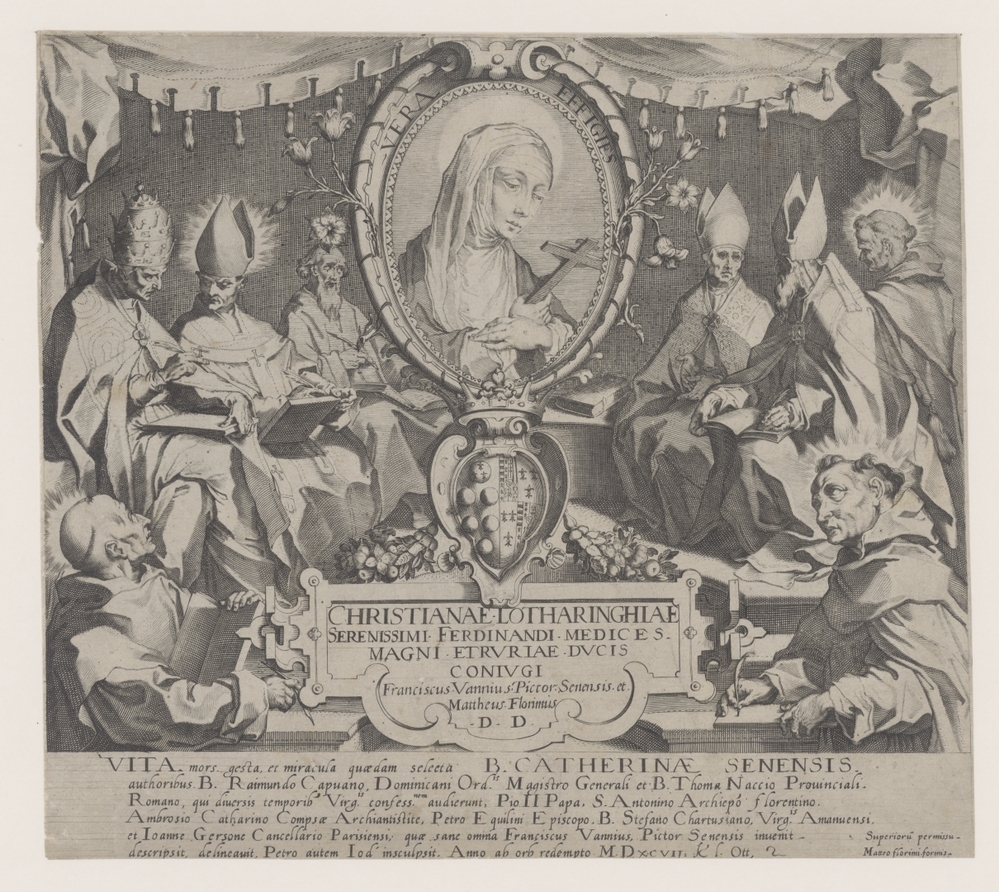 Titelprent voor een serie met scènes uit het leven en wonderen van de Heilige Catharina van Siena