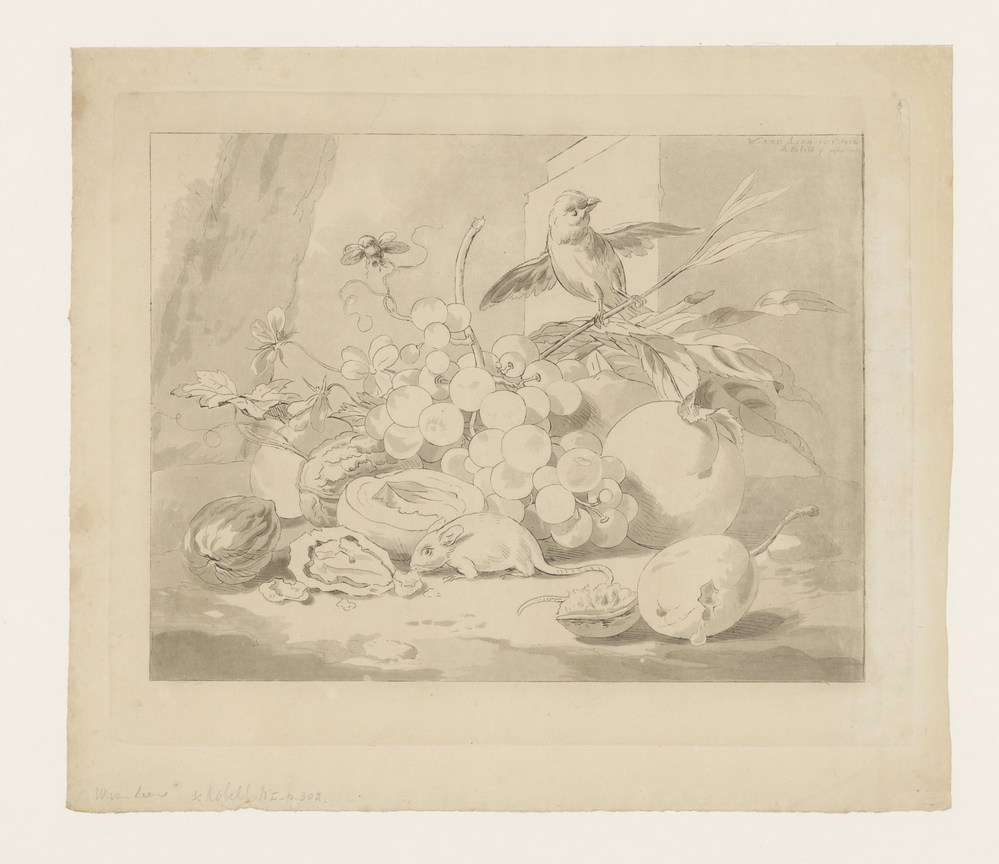 Stilleven met druiven, vogel en muis