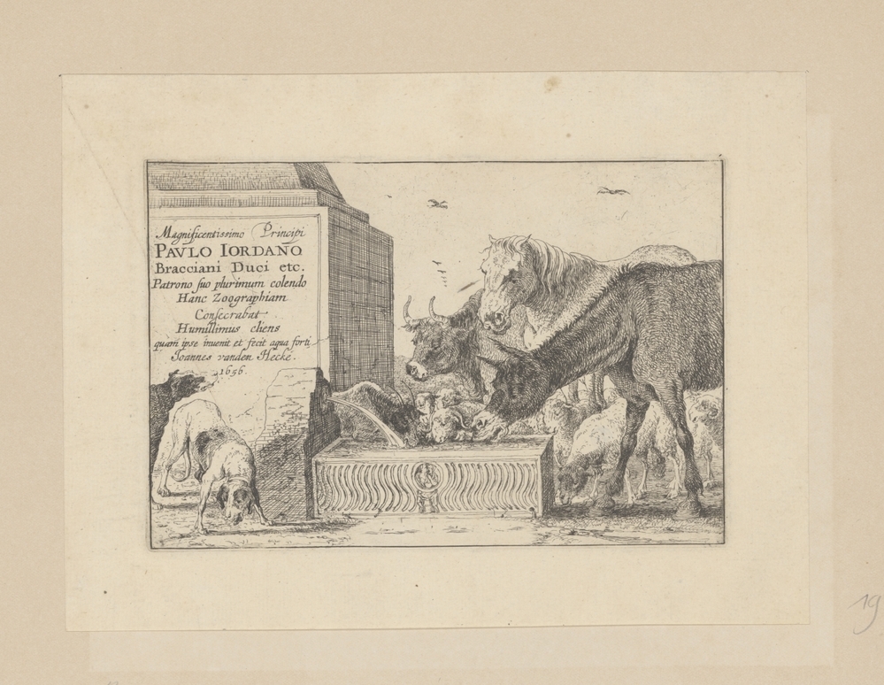 Dieren bij een fontein, Titelprent van een serie prenten met voorstellingen van dieren