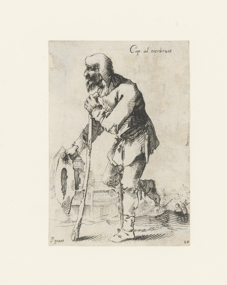 Kreupele man met hoed in de hand, leunend op een stok