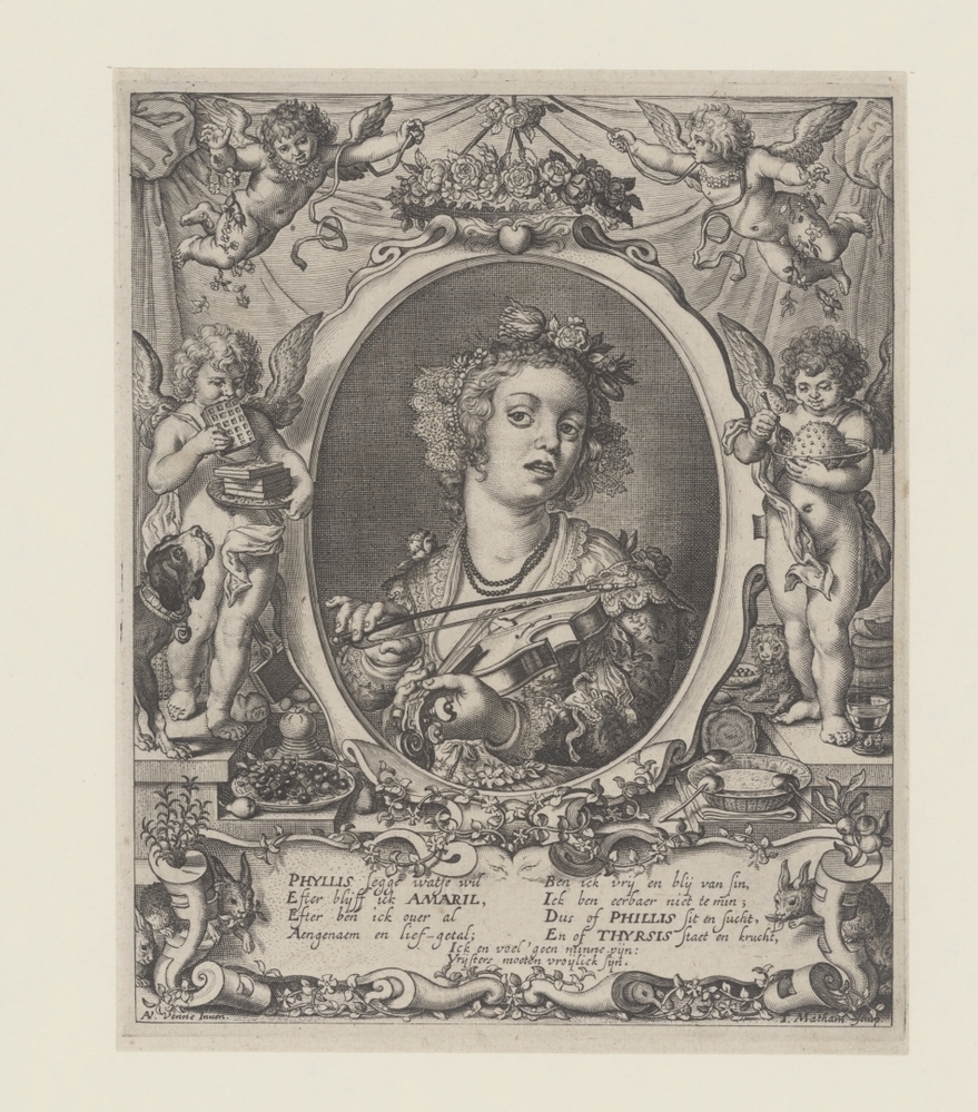 Vioolspelend meisje in ornamentele omlijsting