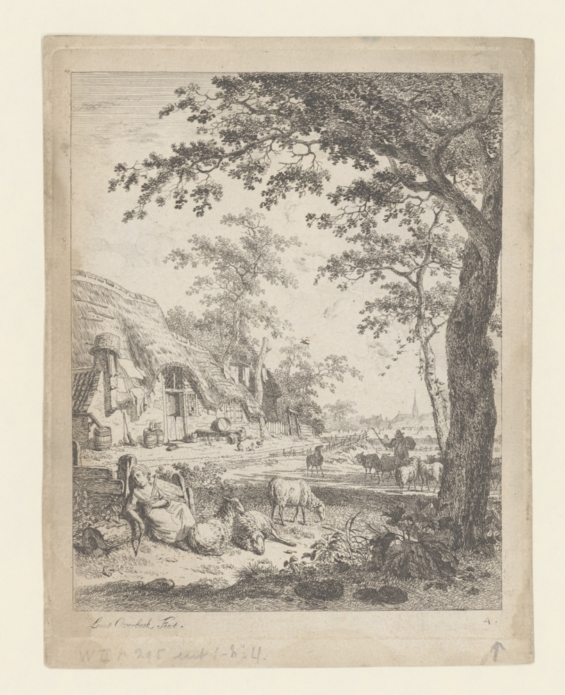 Herderin met schapen voor een boerderij (serie Landschappen met figuren)