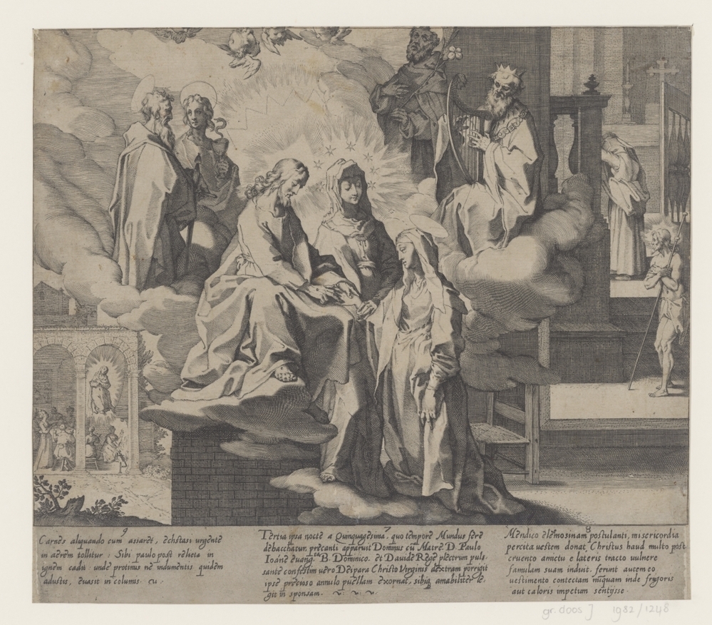 Catharina verschijnt / Huwelijk van Catharina / Catharina deelt haar mantel (serie Scènes uit het leven en wonderen van de Heilige Catharina van Siena)