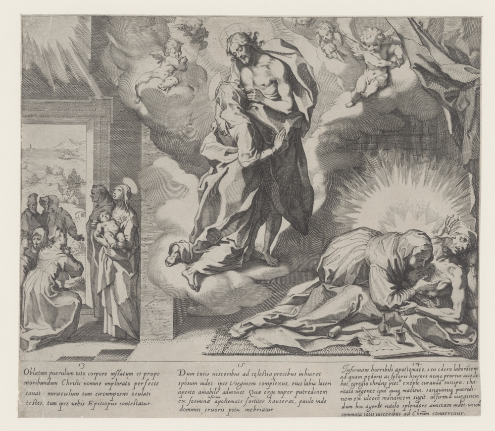 Catharina bidt voor genezing / Catharina kust de wonden van Christus / Catharina verzorgt een zieke (serie Scènes uit het leven en wonderen van de Heilige Catharina van Siena)