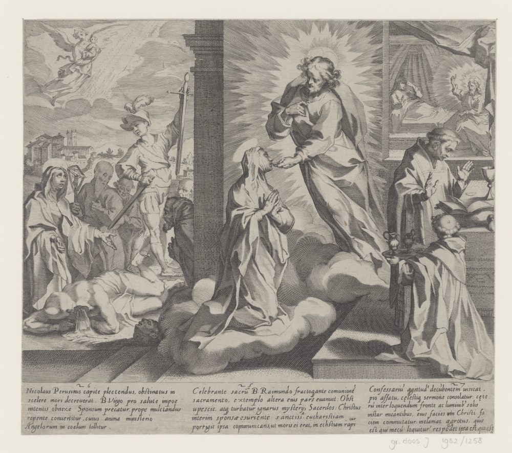 Catharina toont haar wonden / Catharina ontvangt de communie van Christus / Raimundus van Capua bezoekt Catharina thuis en treft Christus aan (serie Scènes uit het leven en wonderen van de Heilige Catharina van Siena)