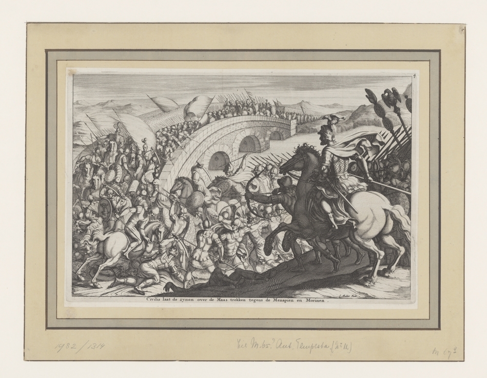 Civilis laat de zynen over de Maas trekken tegens de Menapien en Morinen