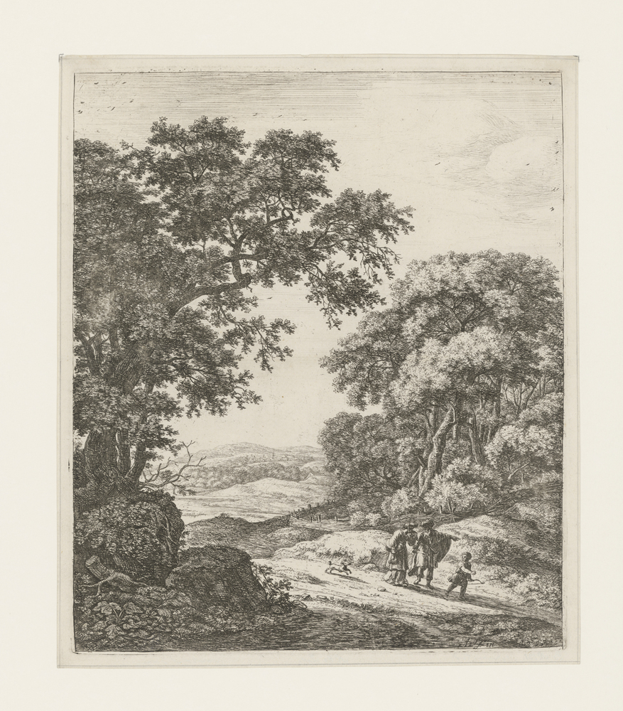 Heuvellandschap met bomen, drie mensen en hond