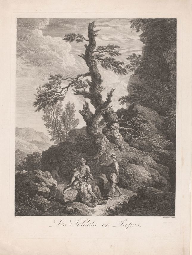 Rustende soldaten voor een boom in een rotsachtig landschap