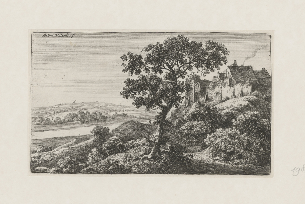 Landschap met dorp op een heuvel