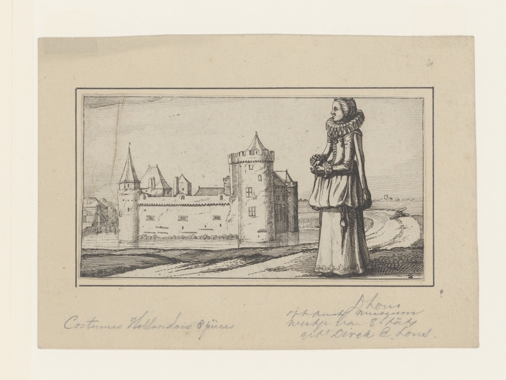 Vrouw met plooikraag voor het Muiderslot (serie: Nederlandse vrouwen- en mannenkostuums, 1622)