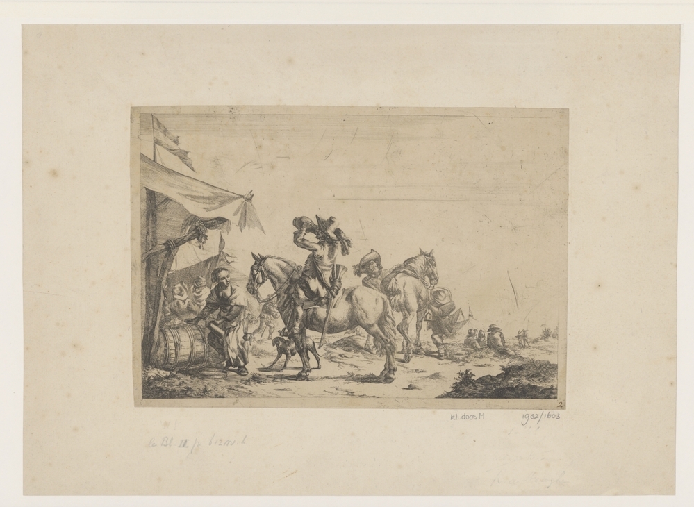 Militair kamp met een drinkende soldaat te paard