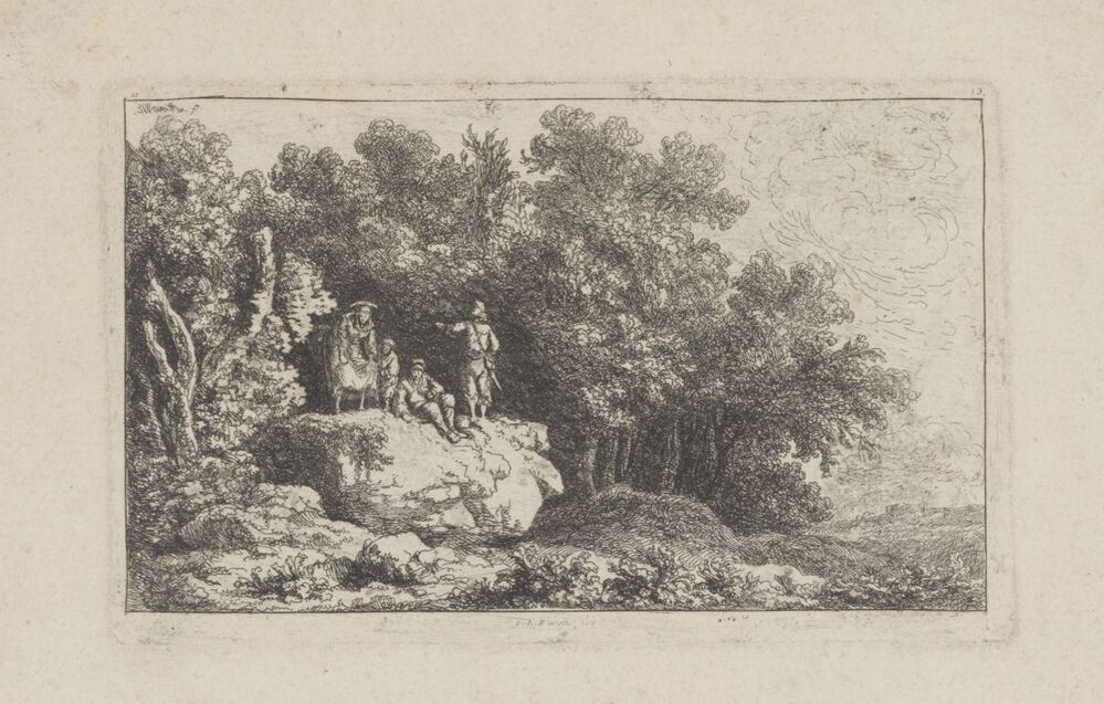 Landschap met vier figuren op een rots