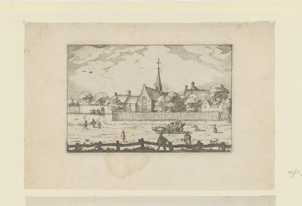 Dorpsgezicht met boeren op het land