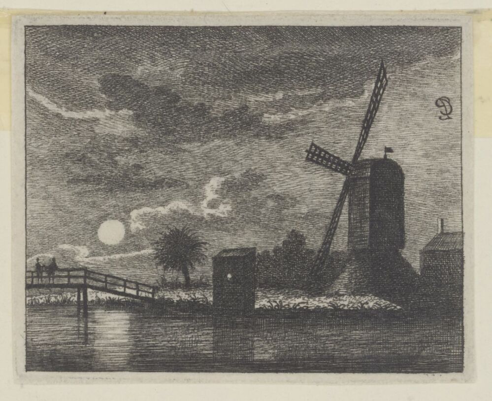 Riviergezicht met een molen, bij nacht (serie: Landschapjes, Rúwientjes enz.)