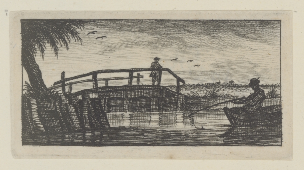 Rivierlandschap met houten brug (serie: Landschapjes, Rúwientjes enz.)