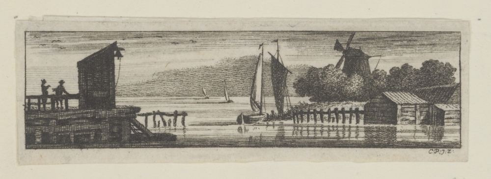 Rivierlandschap met gezicht op pier en molen (serie: Landschapjes, Rúwientjes enz.)