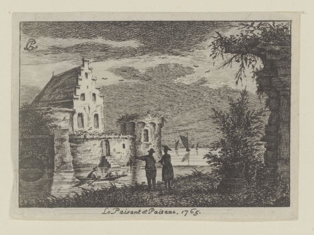 Man en vrouw op oever (serie: Landschapjes, Rúwientjes enz.)