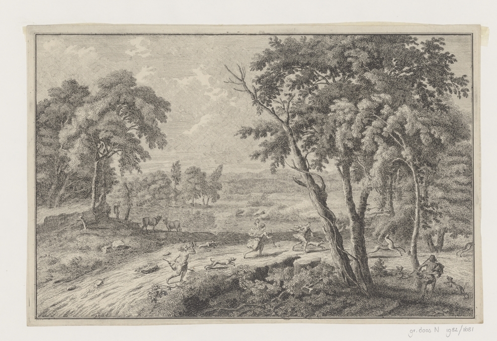 Arcadisch rivierlandschap met jacht op herten (serie: Italiaanse en Duitse landschappen)