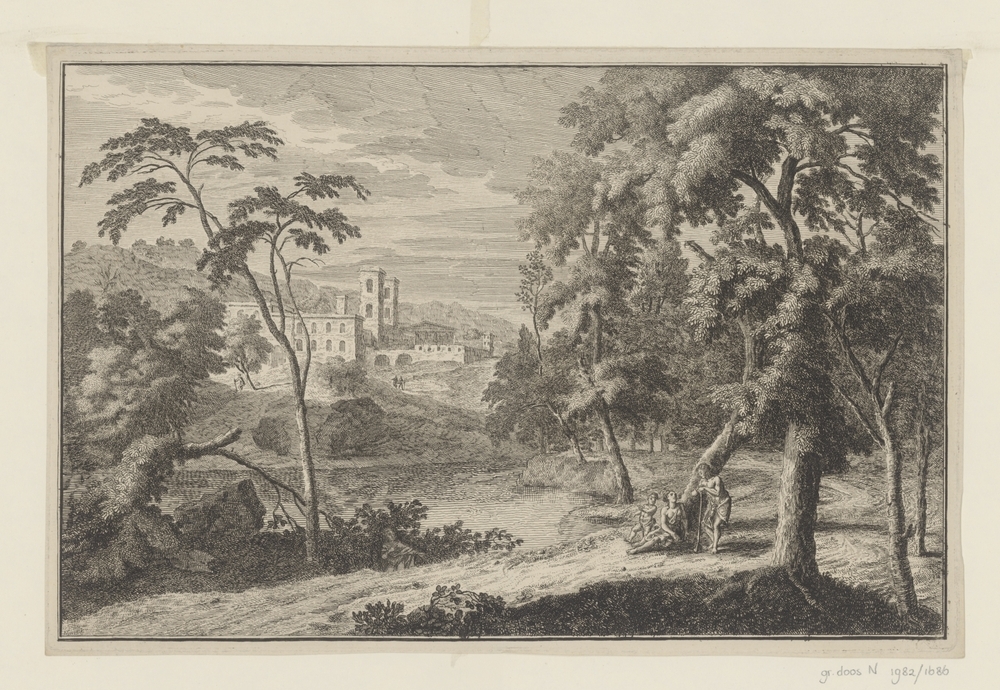 Landschap met figuren aan het water