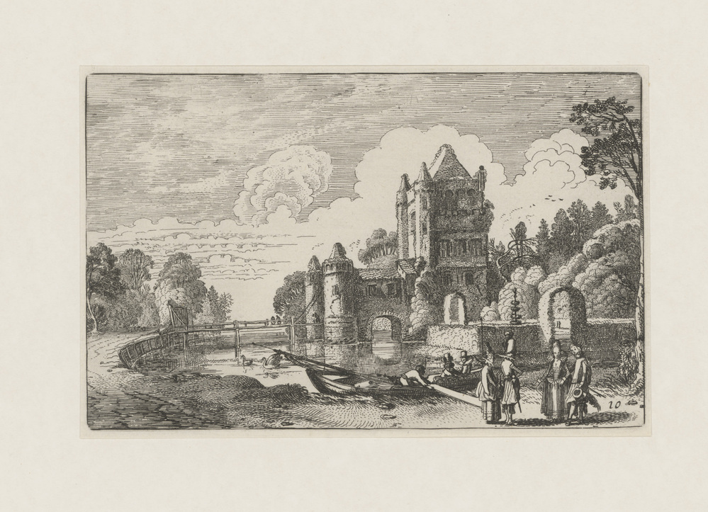 Vervallen kasteel met edellieden bij water met boot (nr 10 uit serie van 60 landschappen)