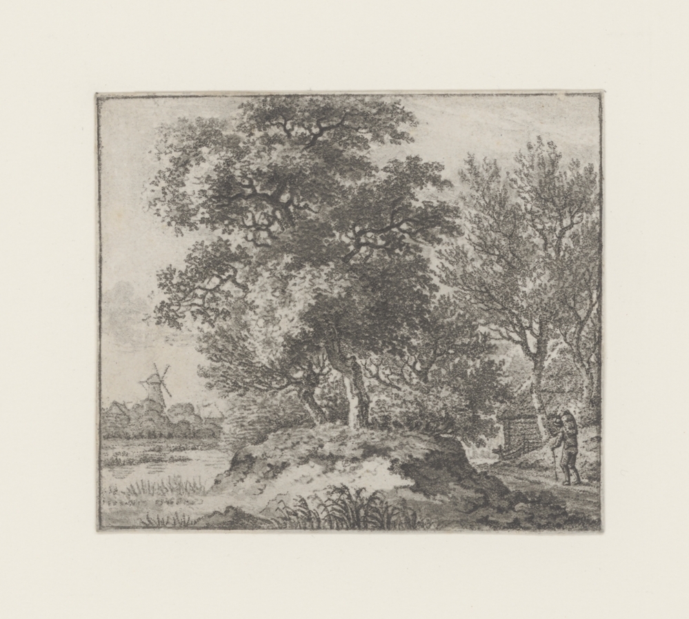 Bebost landschap met wandelaar