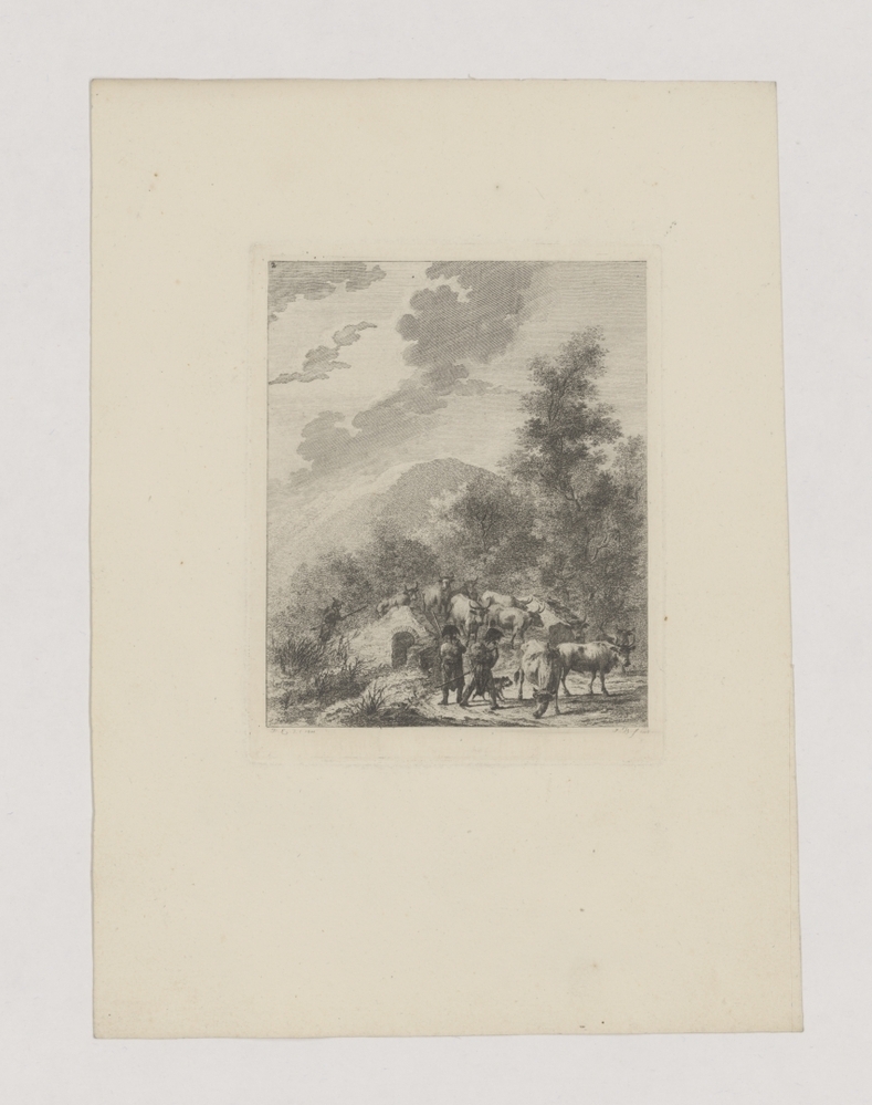 Soldaten drijven een kudde koeien over een brug (serie: Zes landschappen met soldatenstaffage)