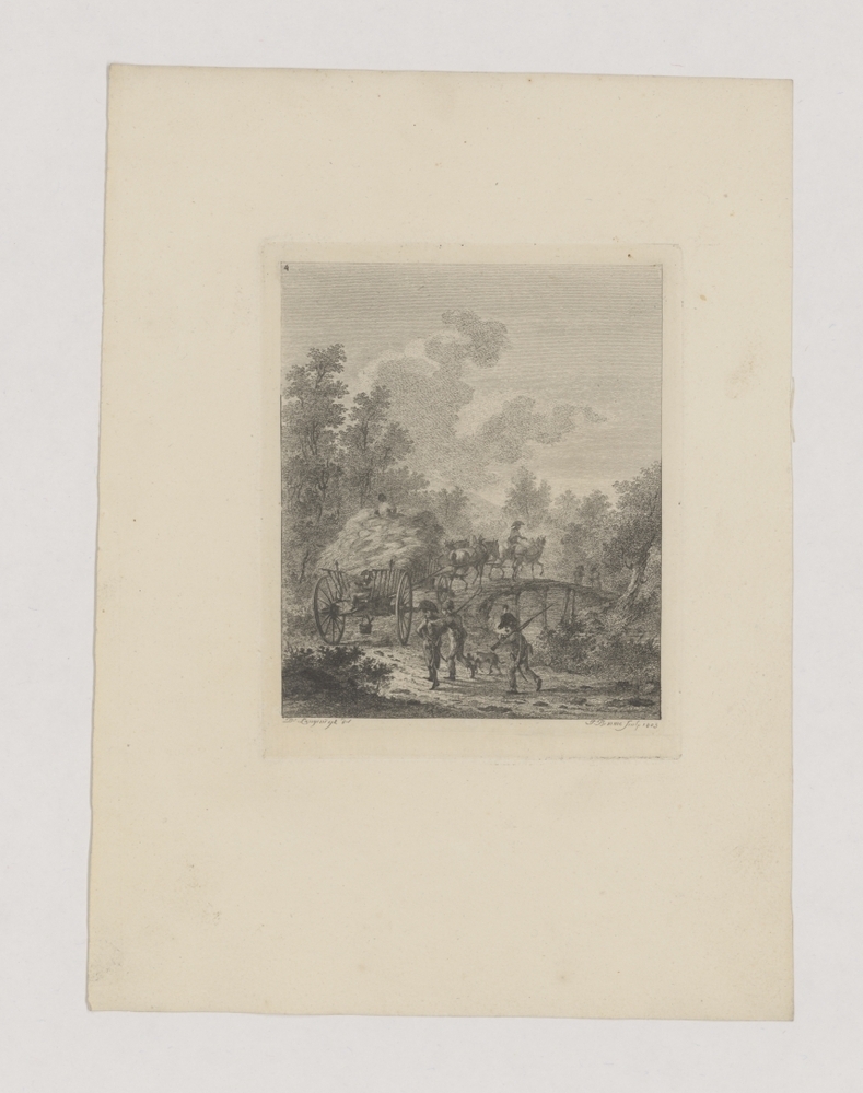 Stoet soldaten bij brug (serie: Zes landschappen met soldatenstaffage)