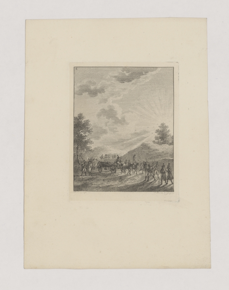 Infanteristen in een zonovergoten landschap (serie: Zes landschappen met soldatenstaffage)