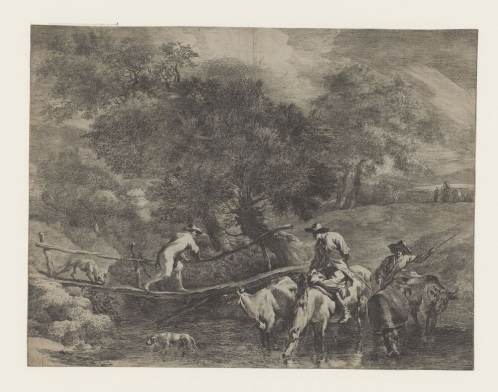 Morgen: man met hond loopt op voetbrug (serie: Tijden van de dag)