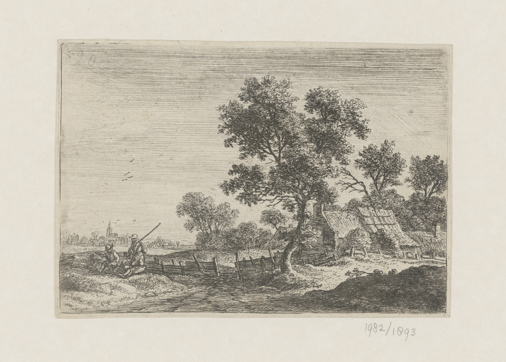 Drie boeren in een landschap met een boerderijtje en een grote boom