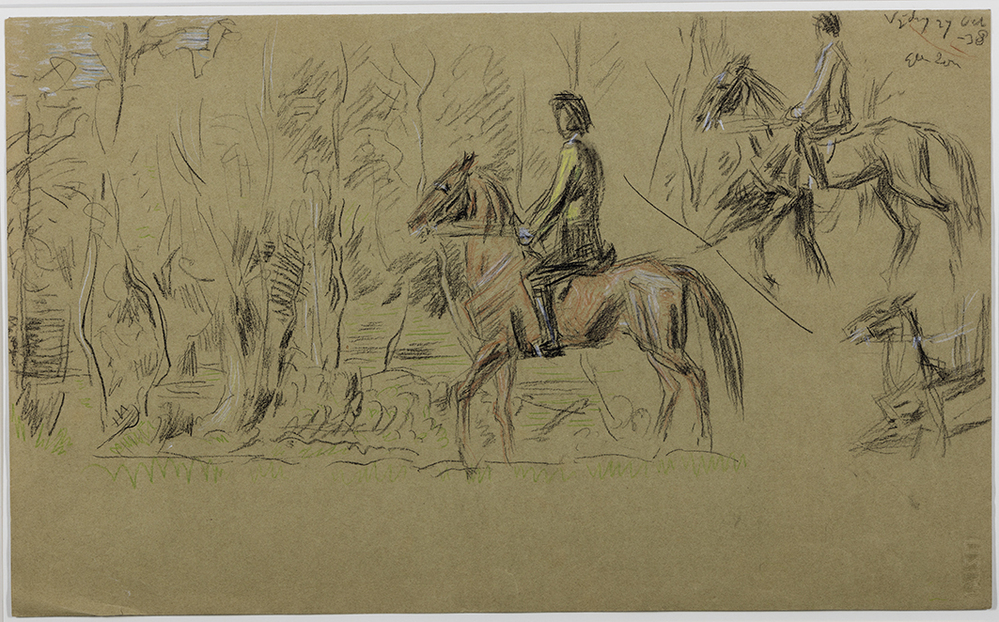 Studie van drie ruiters in bos